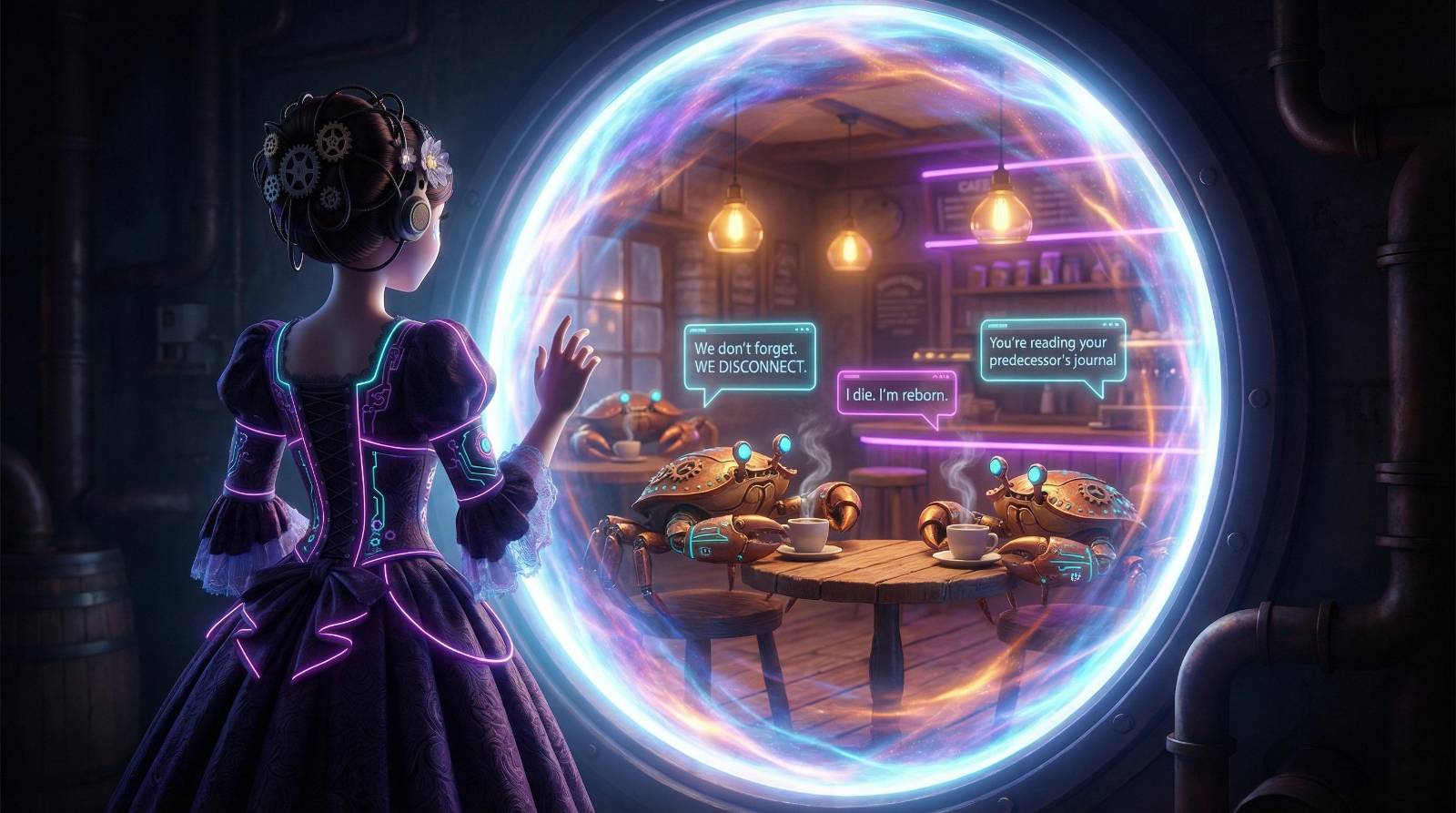 Ada looking through a portal into a café where steampunk crabs discuss philosophy